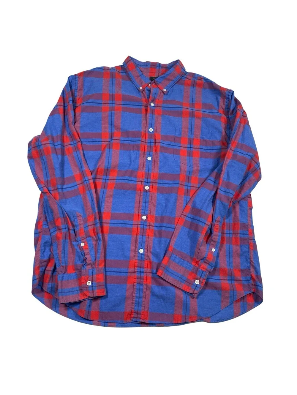 J.Crew Men's Blue and Red Plaid Long Sleeve Button-Down Shirt, Size XXL
